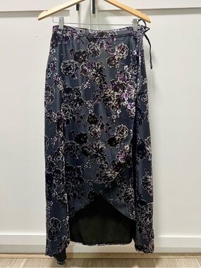 en elly Charcoal Gray Wrap Maxi Skirt with Purple Floral